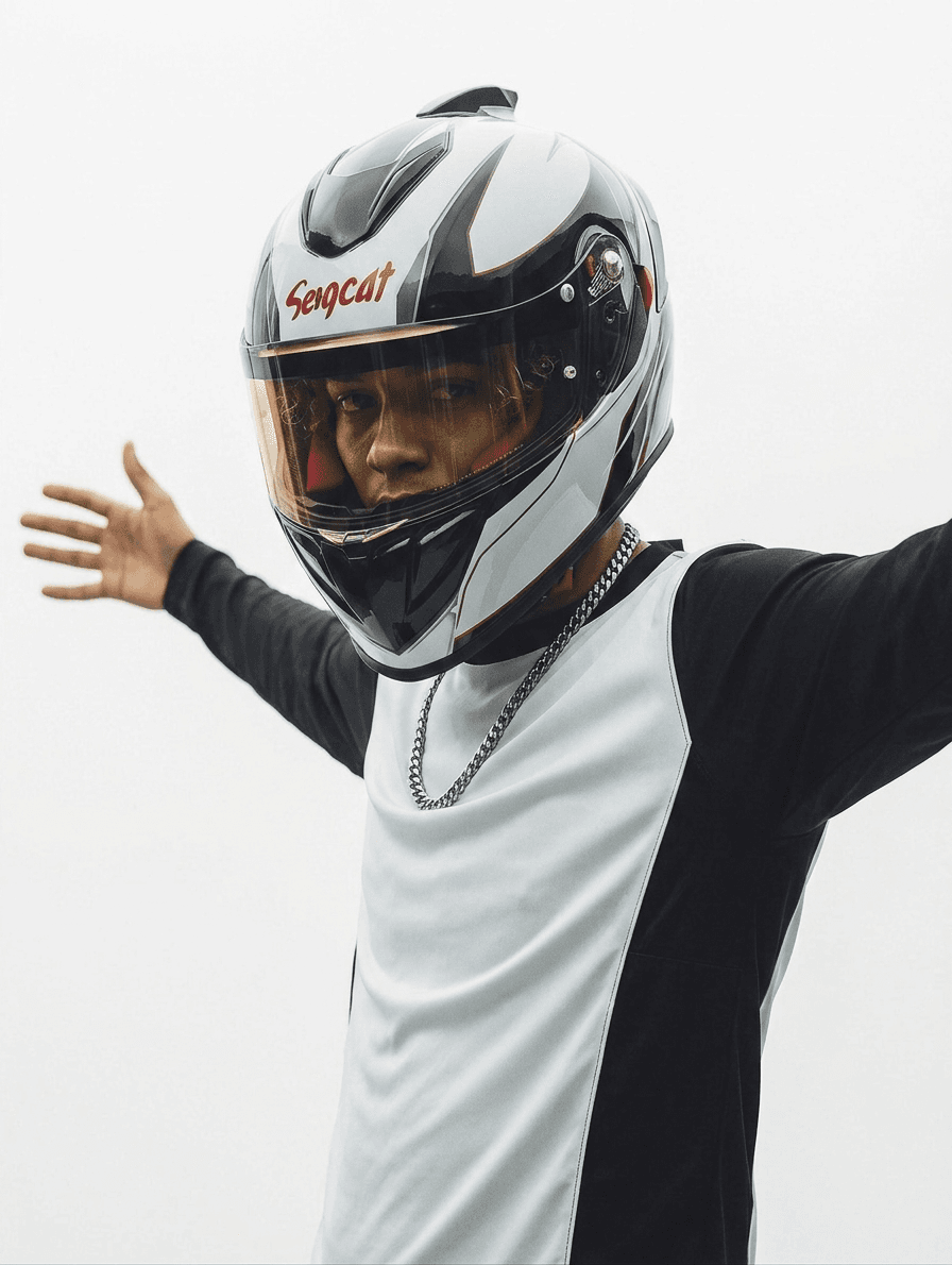 Portrait of a man wearing a racing helmet and black and white outfit.