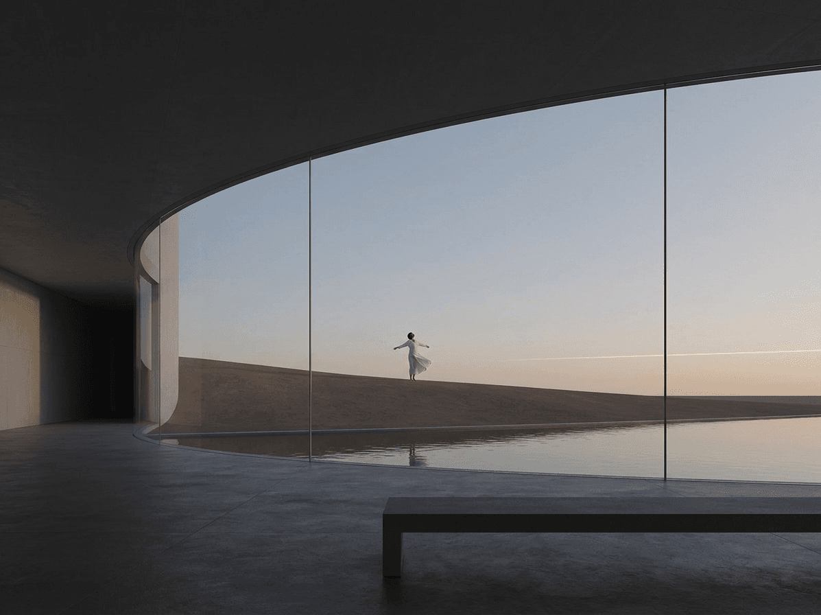 A woman stands in a bright space with a large glass window and soft earth tones.