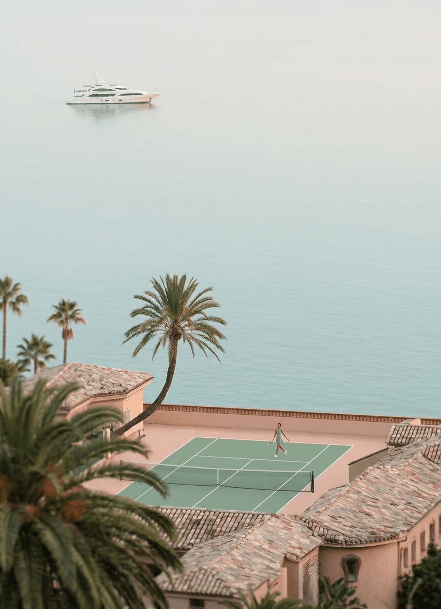Aerial view of a person playing tennis on a green court with palm trees and a yacht in the background.