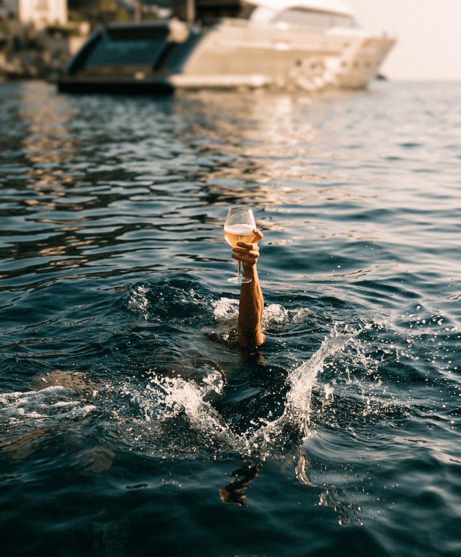 A person in blue water holding a glass of sparkling wine near a yacht.