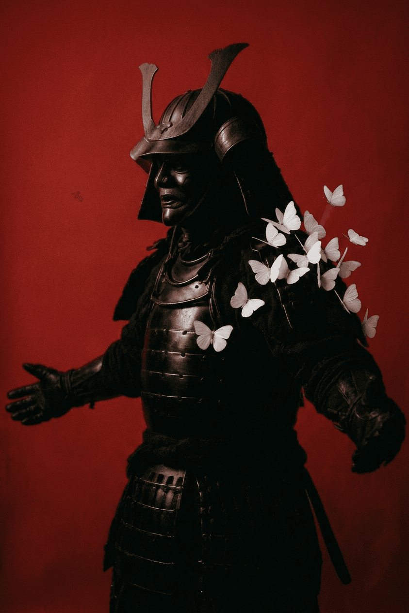 A samurai in ornate armour with white butterflies against a red background.