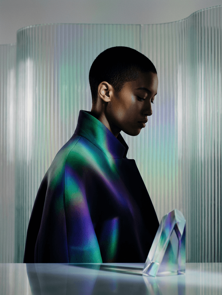 A model with a shaved head in a dark coat, illuminated by colourful iridescent light.