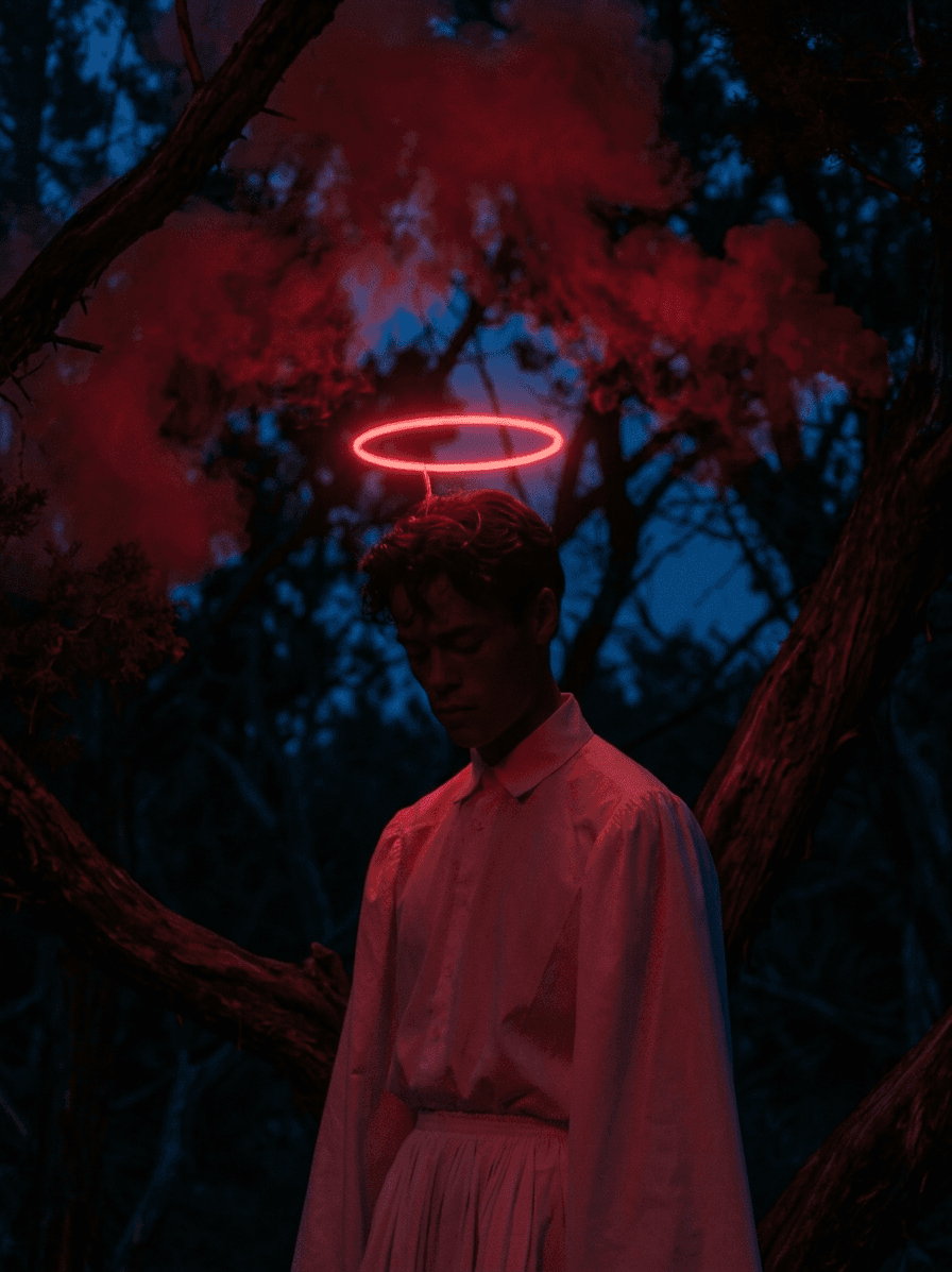 A man in a white shirt stands among dark trees with a red halo glow.