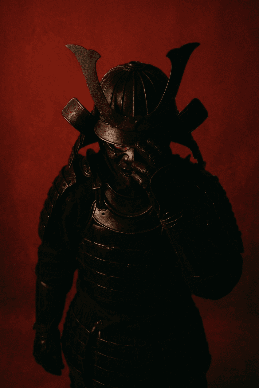 A samurai in dark armour posed against a deep red background.
