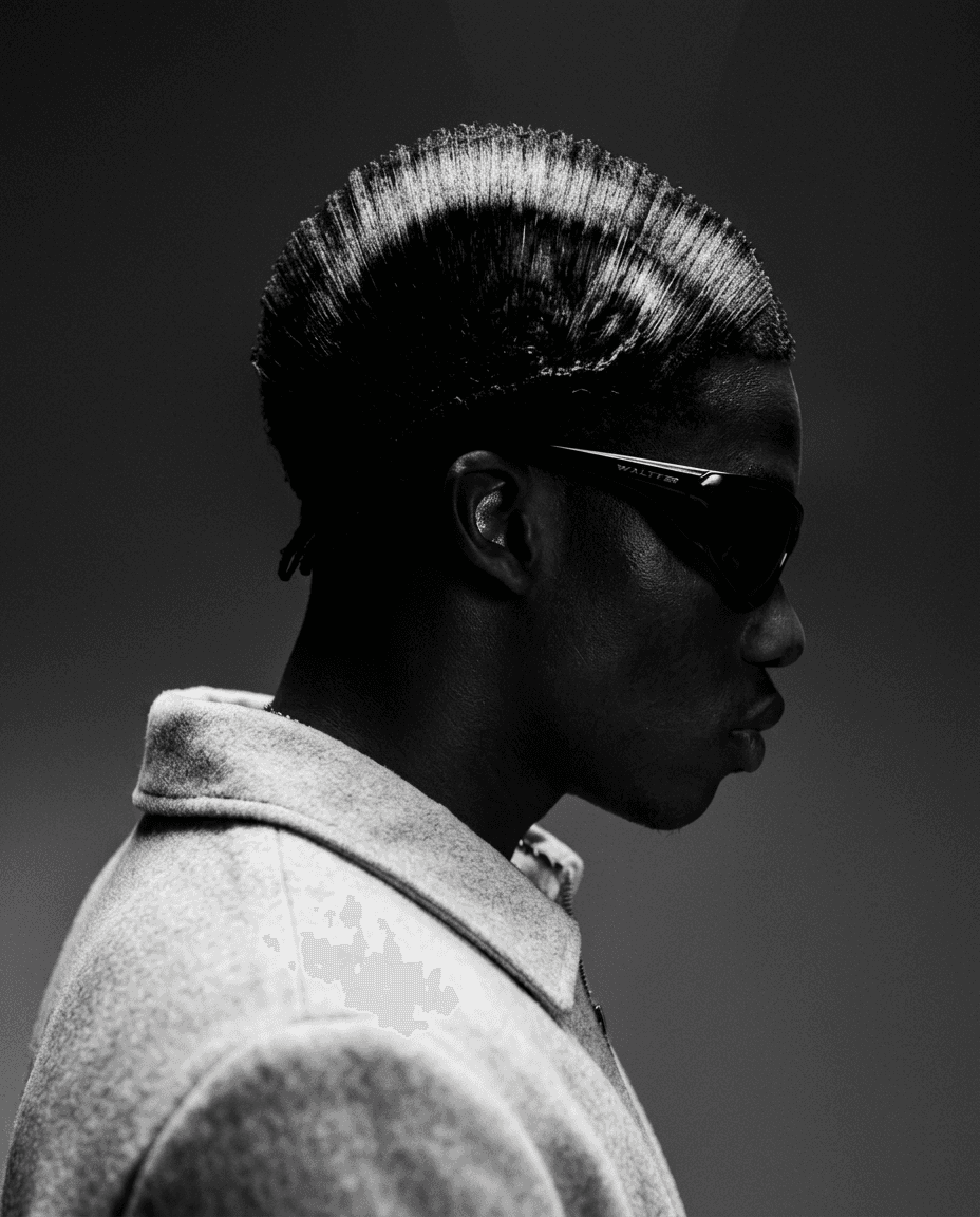 Profile of a stylish individual wearing sunglasses and a sleek hairstyle.