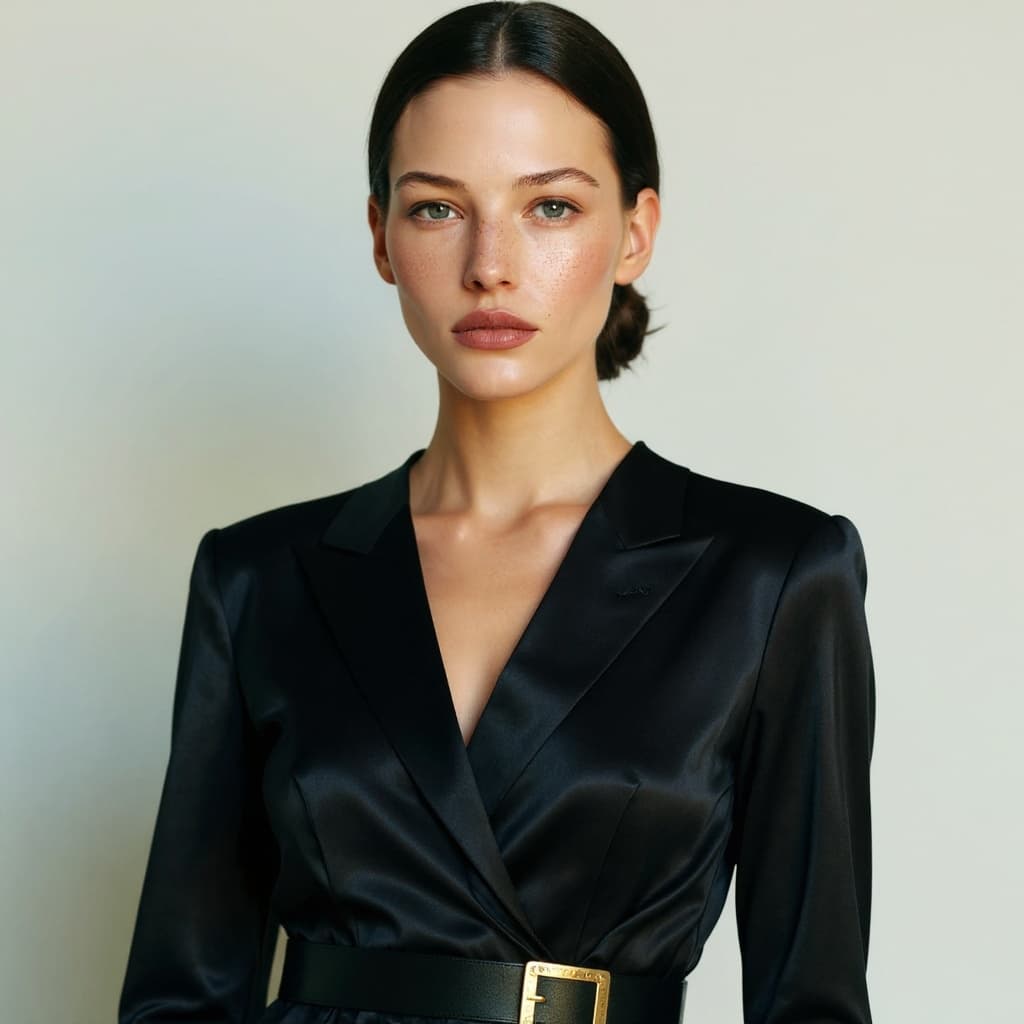 Close-up of a woman in a black satin dress with a neutral background.