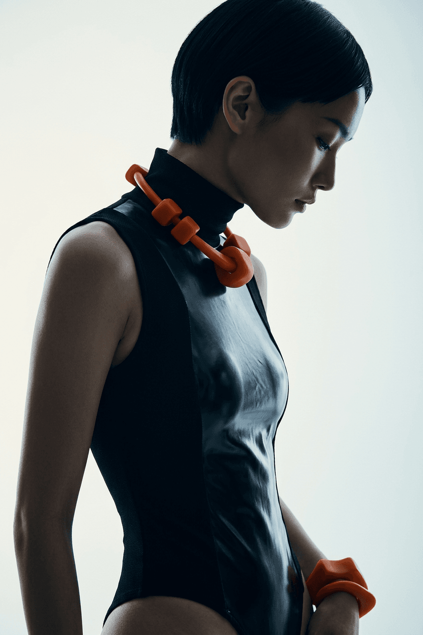 Side profile of a model wearing a black bodysuit and orange accessories.