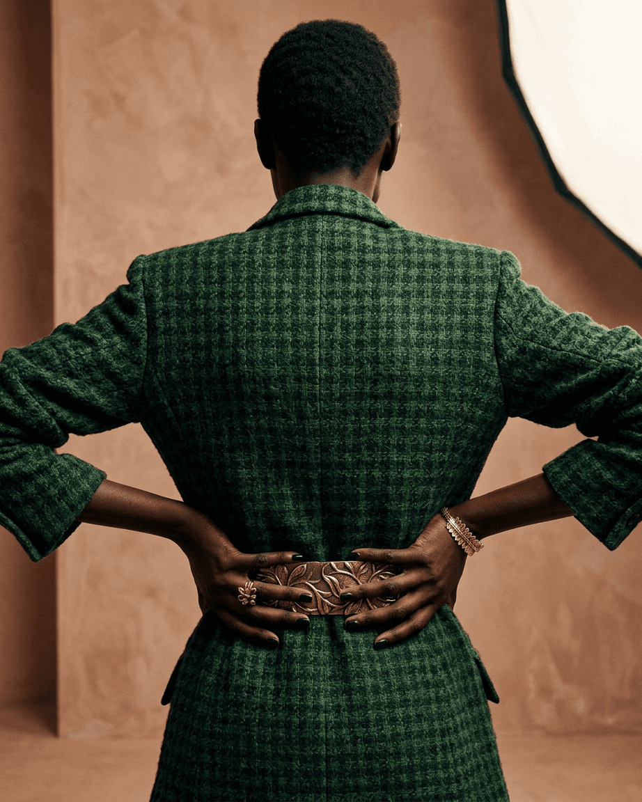 Model in a green checked blazer with hands on her waist, viewed from behind.