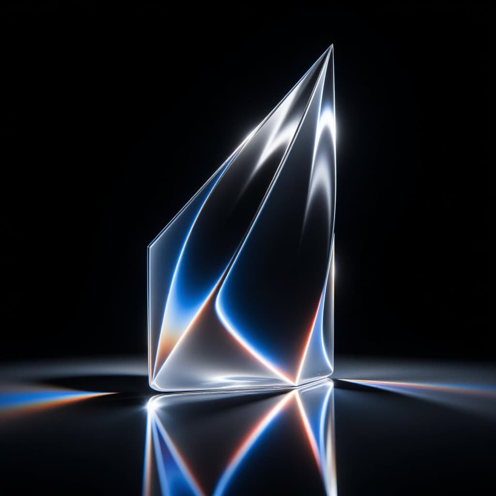 A geometric shape illuminated in blue and silver against a dark background.