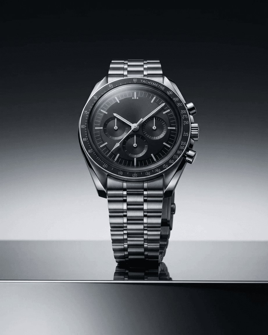 A modern chronograph watch in silver and black on a gradient background.