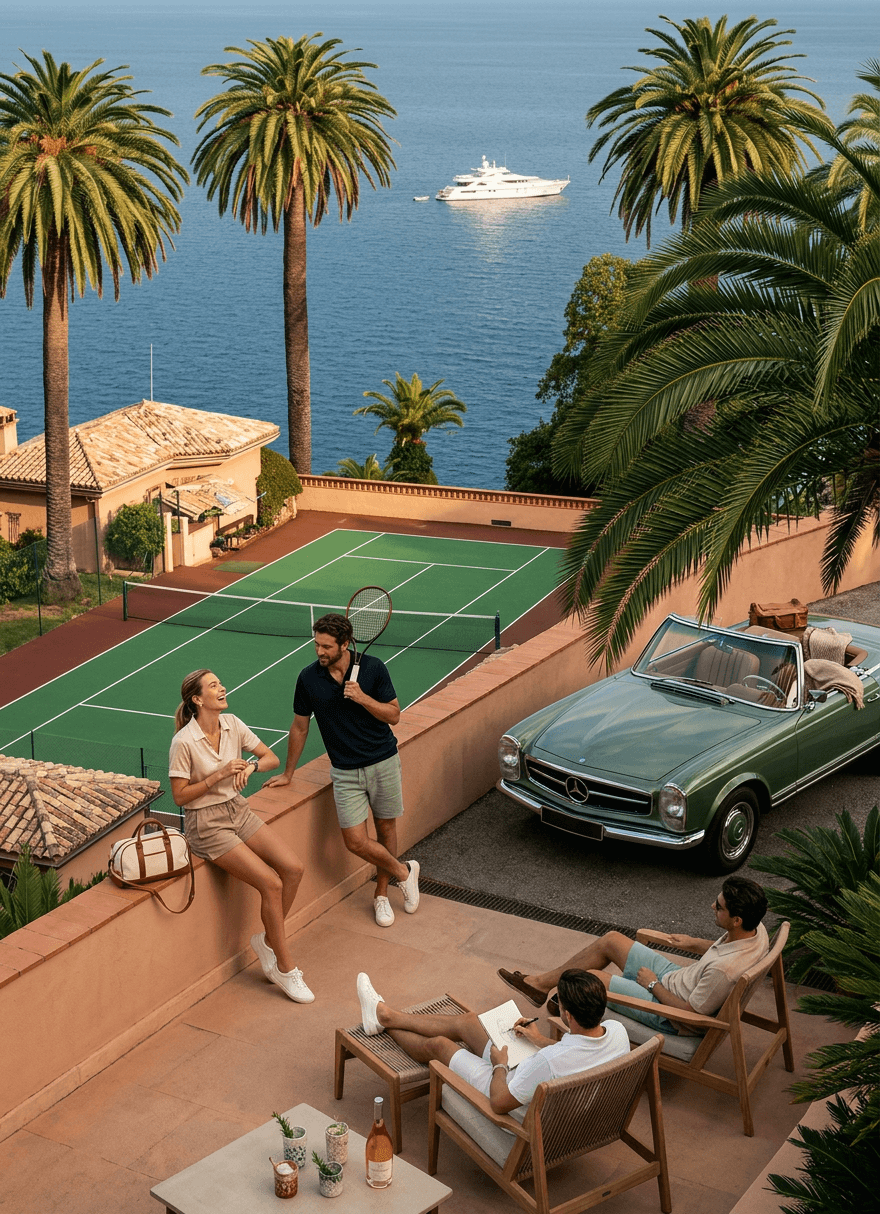 A couple talking next to a tennis court and classic car, with palm trees and a yacht in the background.