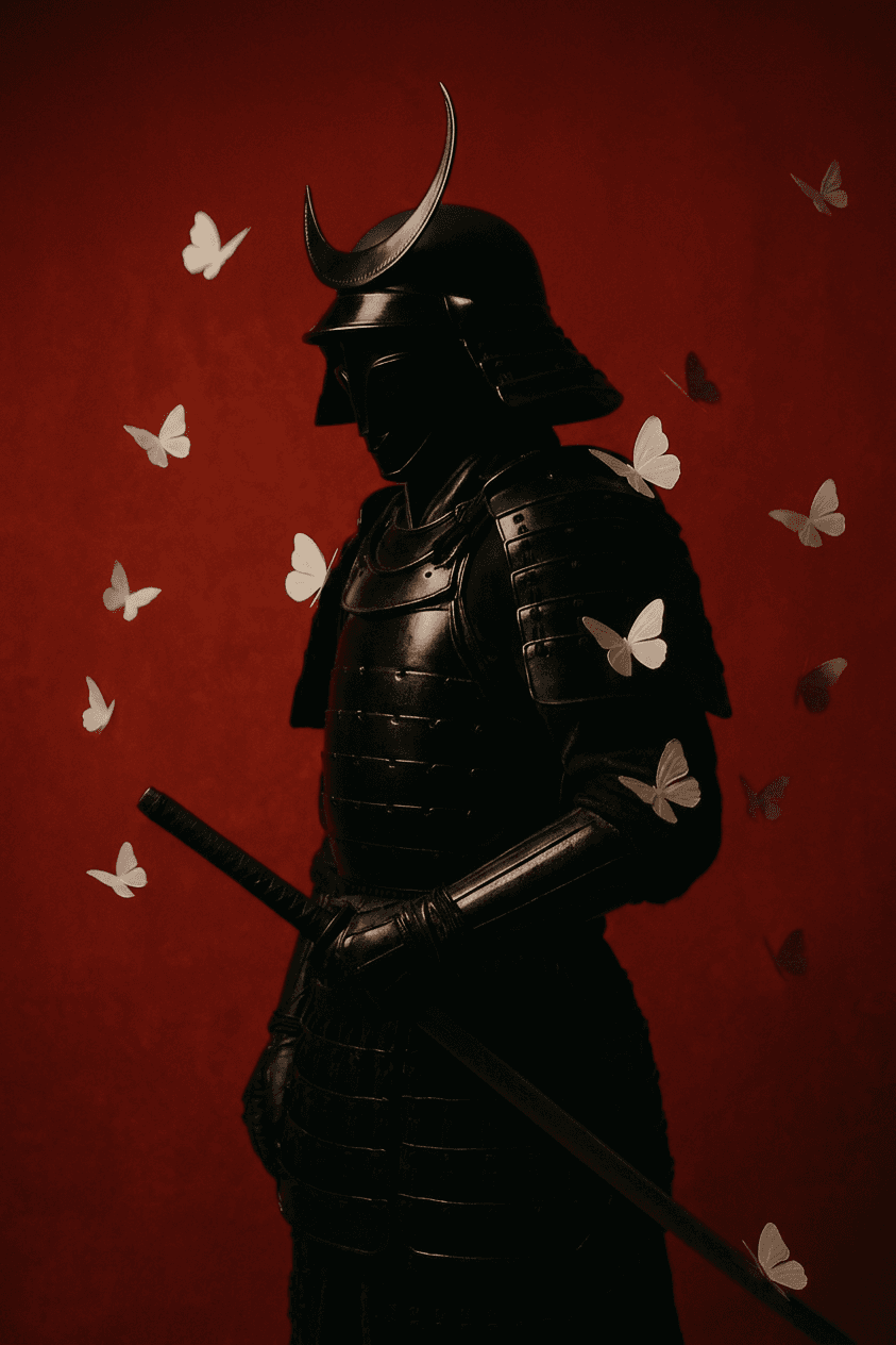 Samurai in black armour with white butterflies on a red background.