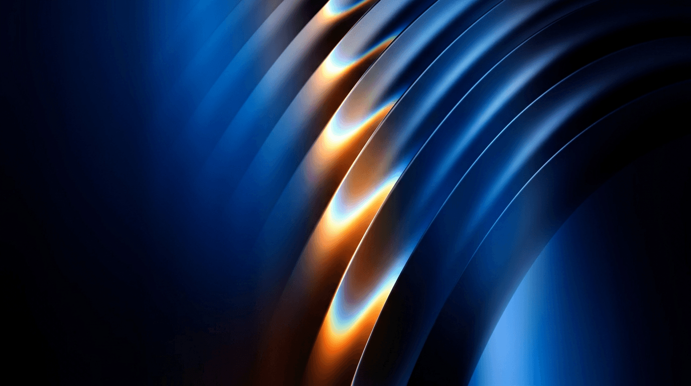 Abstract illustration with curved lines in deep blue and orange gradients.