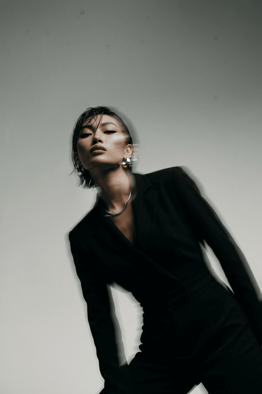 Woman in a black suit with a blurred motion effect in a muted background.