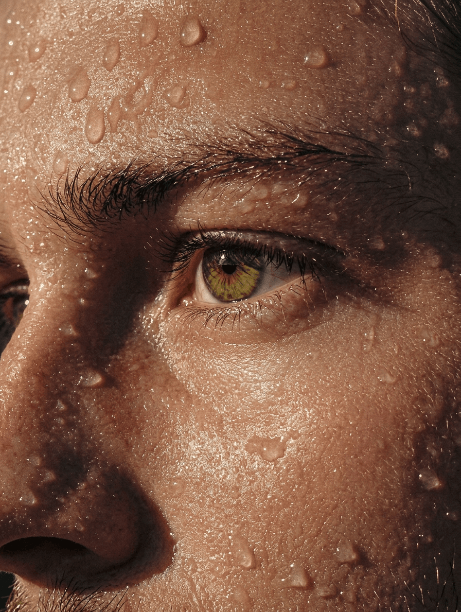 Close-up of a person's eye with water droplets on the skin.