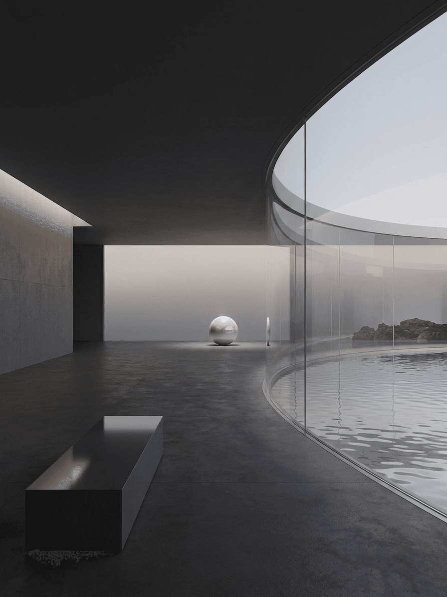 Minimalist interior with a curved glass wall, a pool, and a reflective sphere.
