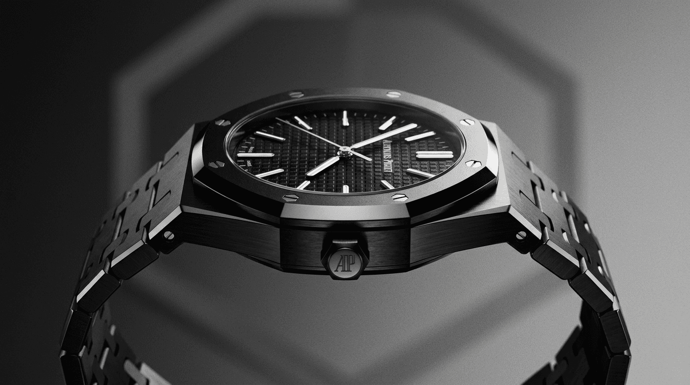 A sleek black luxury watch in high-contrast lighting.