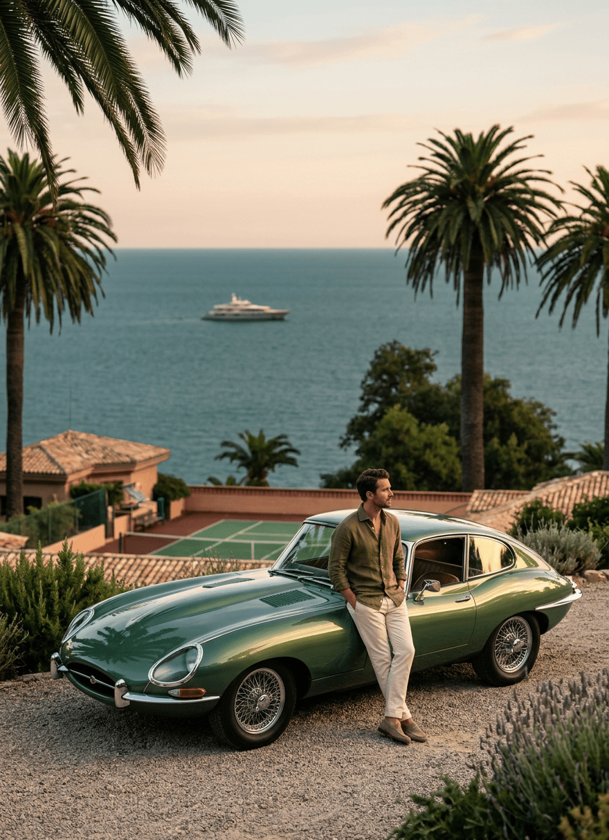 A man in a stylish outfit stands next to a classic green car by the coast.