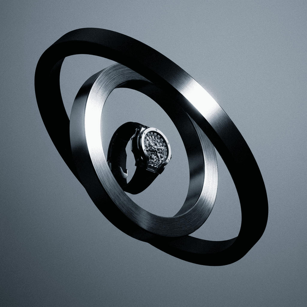 A high-end watch suspended between two large metallic rings on a grey background.