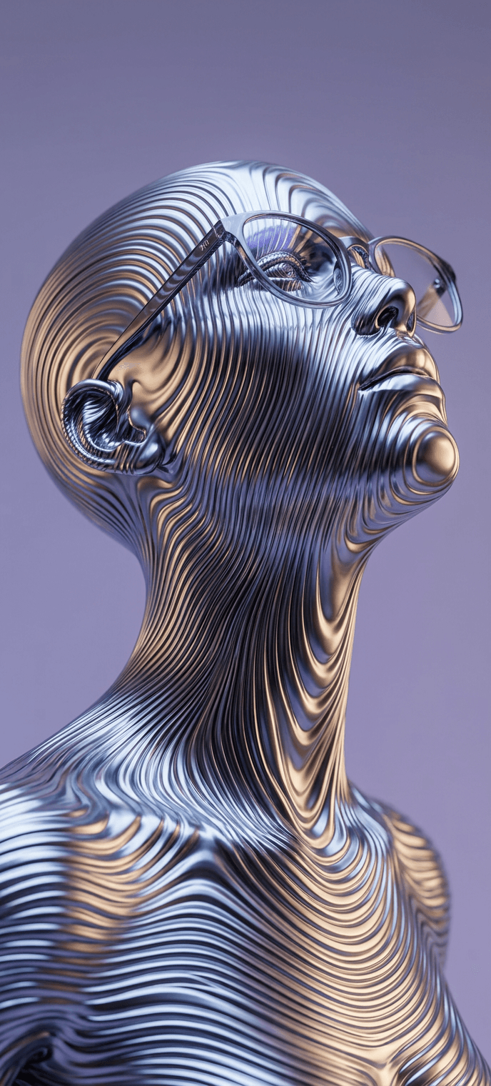 A silver humanoid figure with wavy texture and futuristic glasses looking upwards.