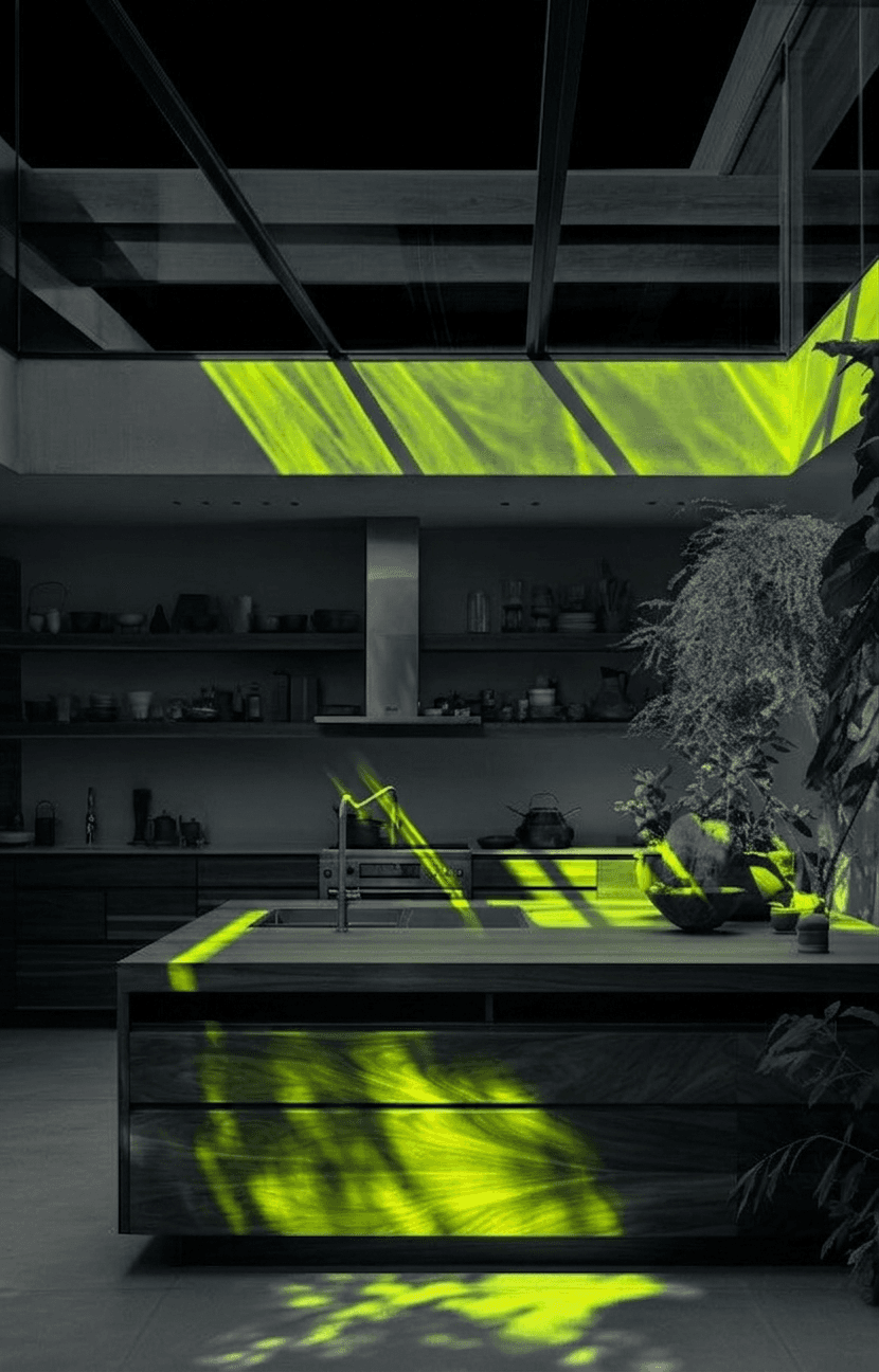 Modern kitchen with green light streaming through large windows.