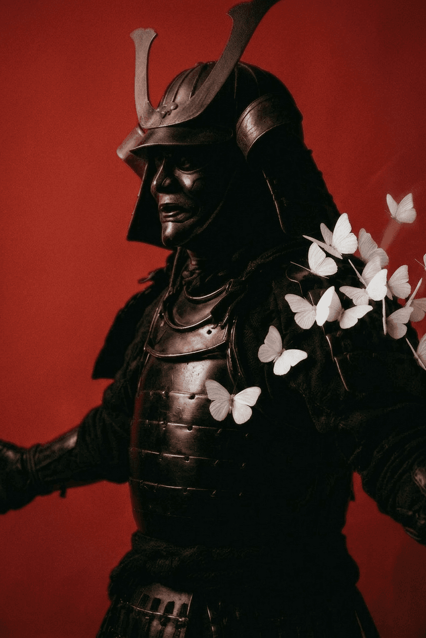 A samurai in black armour with white butterflies on his shoulder, set against a red background.