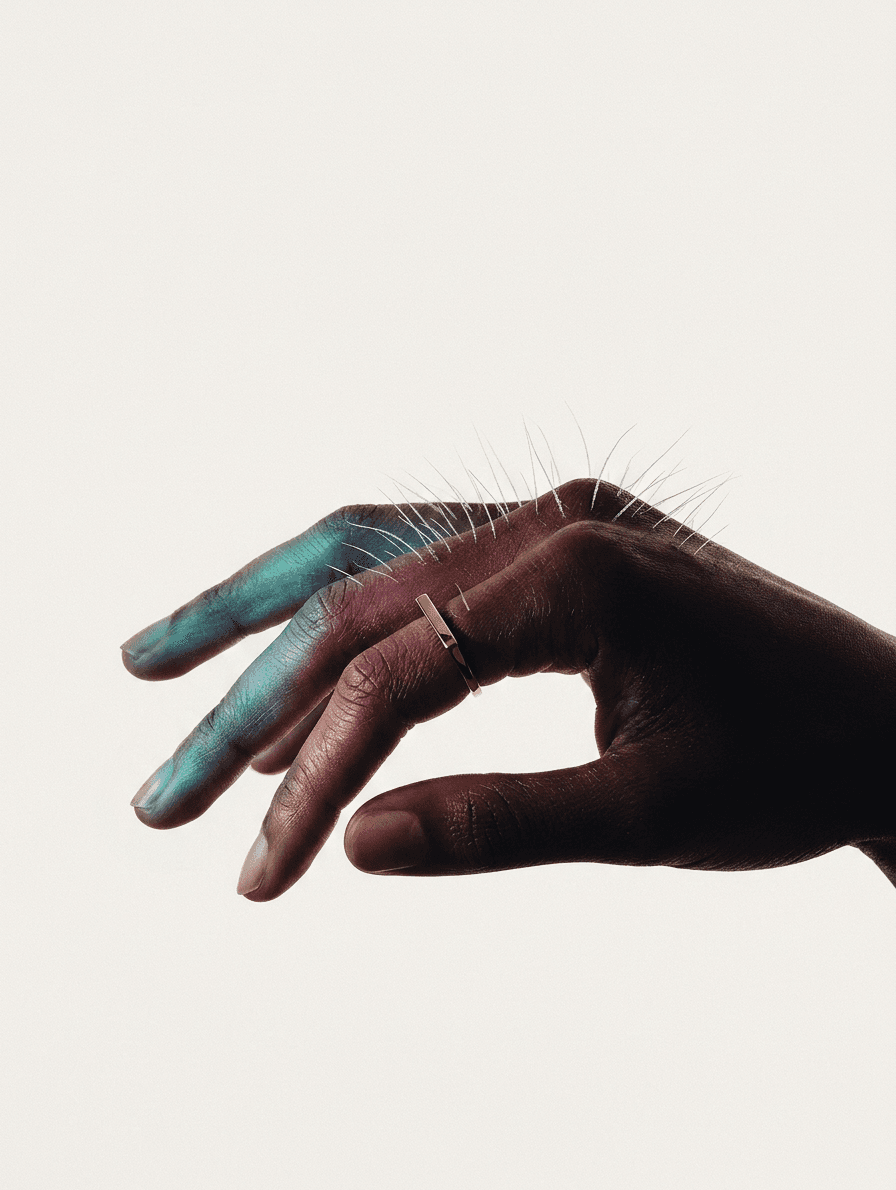 Close-up of a hand with a gold ring and iridescent colours on a pale background.