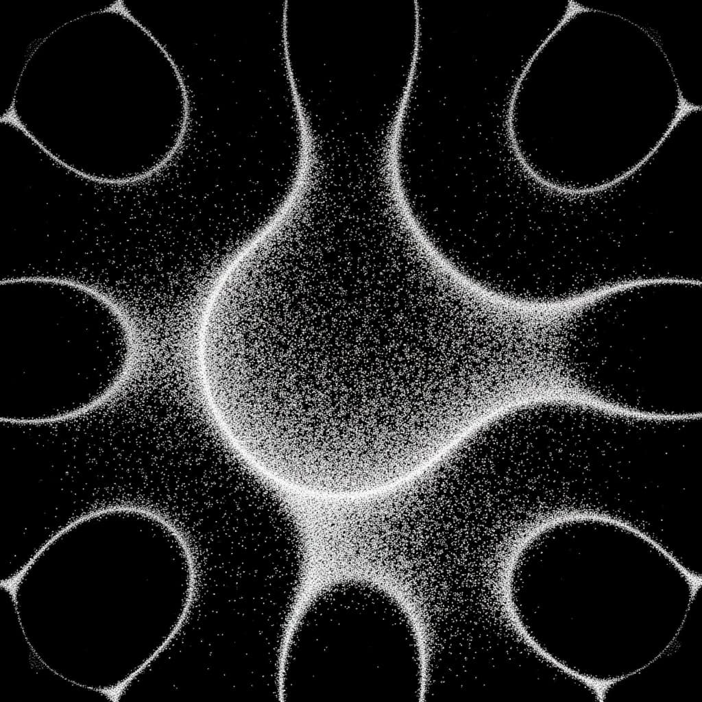Abstract illustration with a central fluid shape and symmetrical patterns in black and white.
