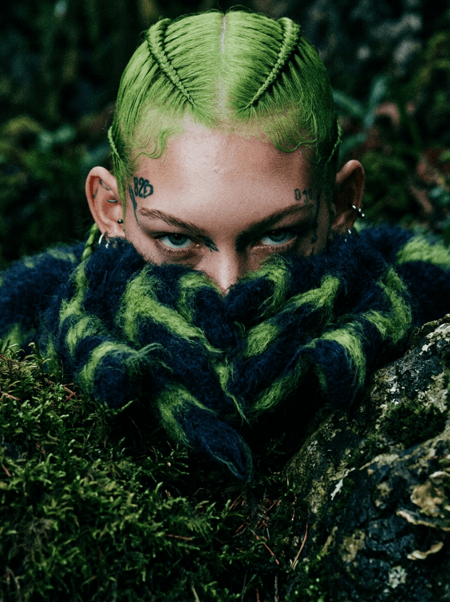 A woman with green hair surrounded by natural textures and dark colours.