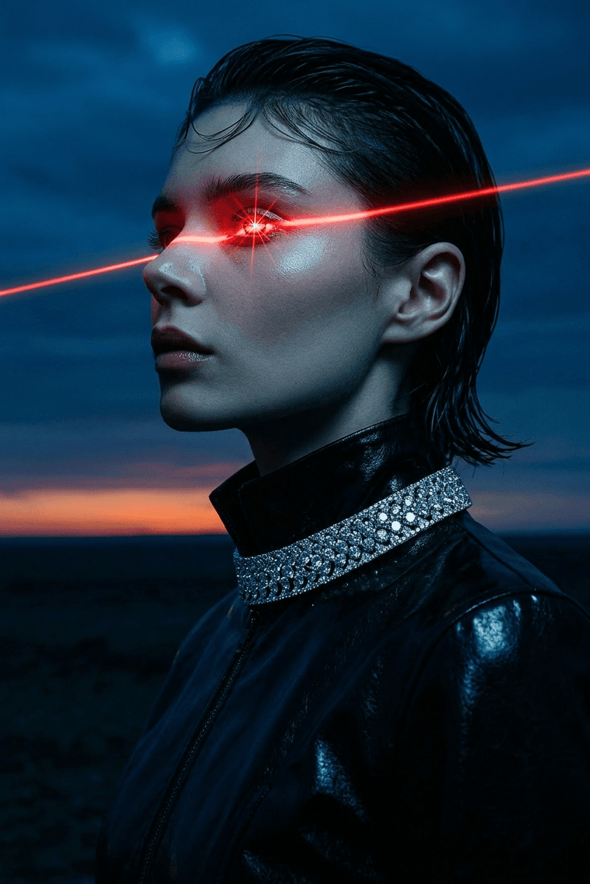 A model with sleek hair wearing a leather jacket, set against a vibrant sunset.