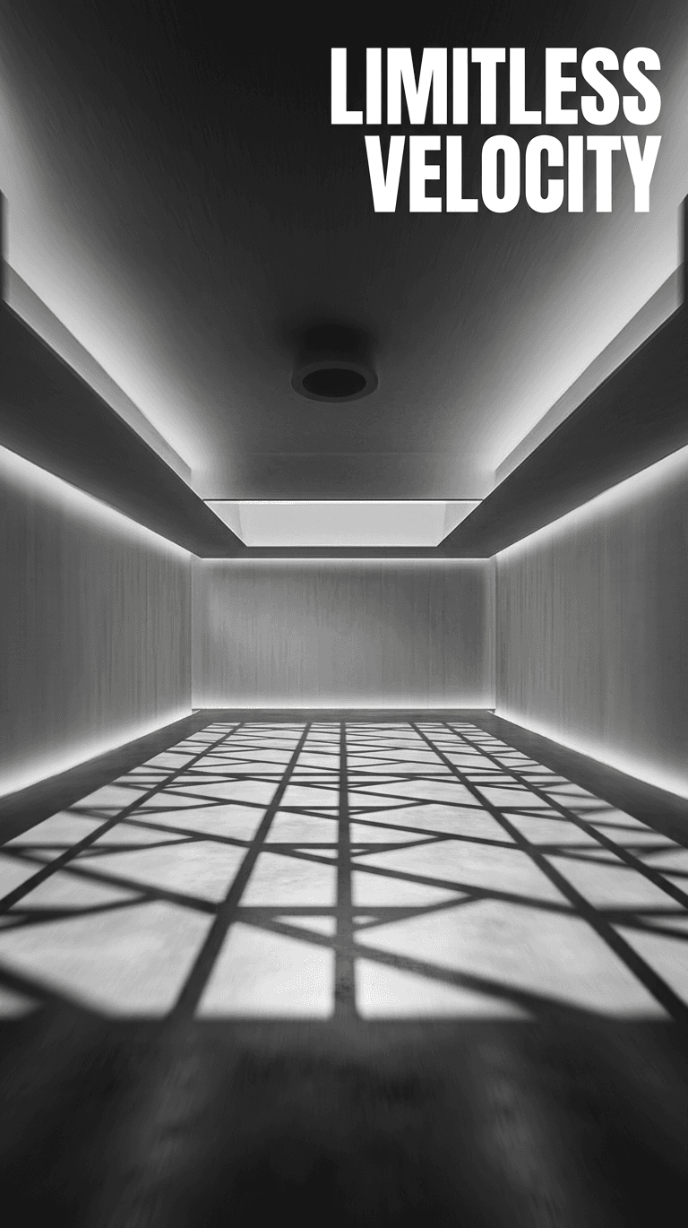 A minimalistic black and white interior with geometric shadows.