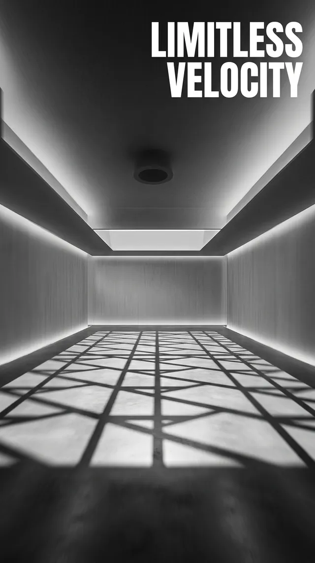 A minimalistic black and white interior with geometric shadows.