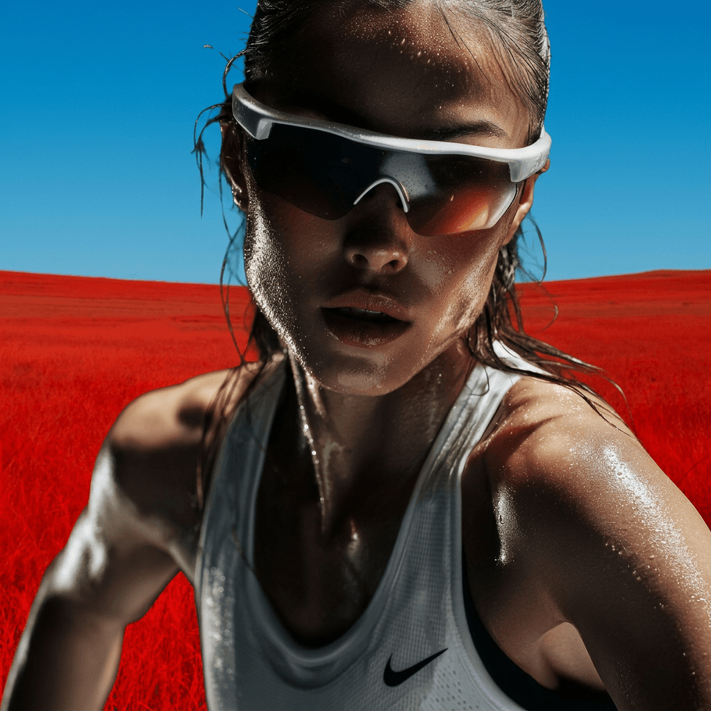 Athlete with sunglasses and wet skin on a red field under a blue sky.