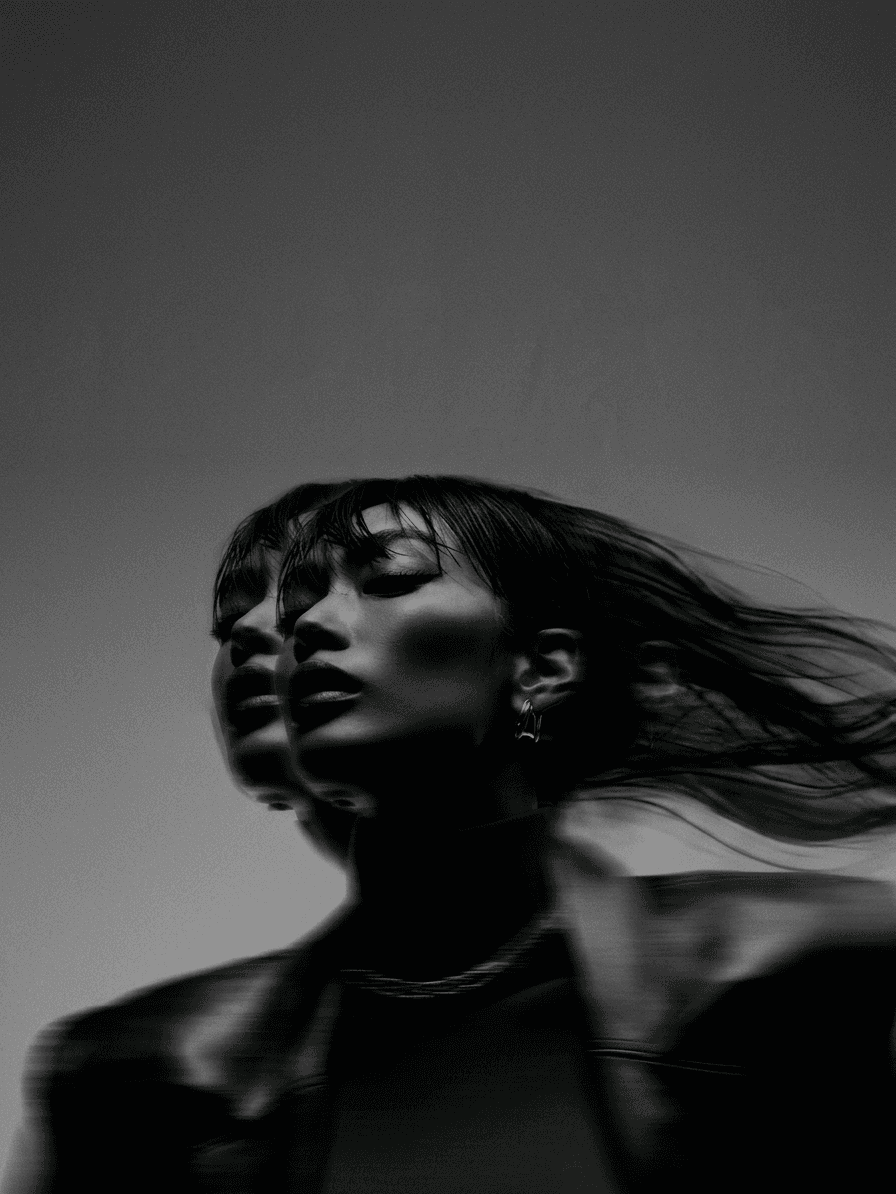 A model in a blurred double exposure effect, conveying motion and intensity.