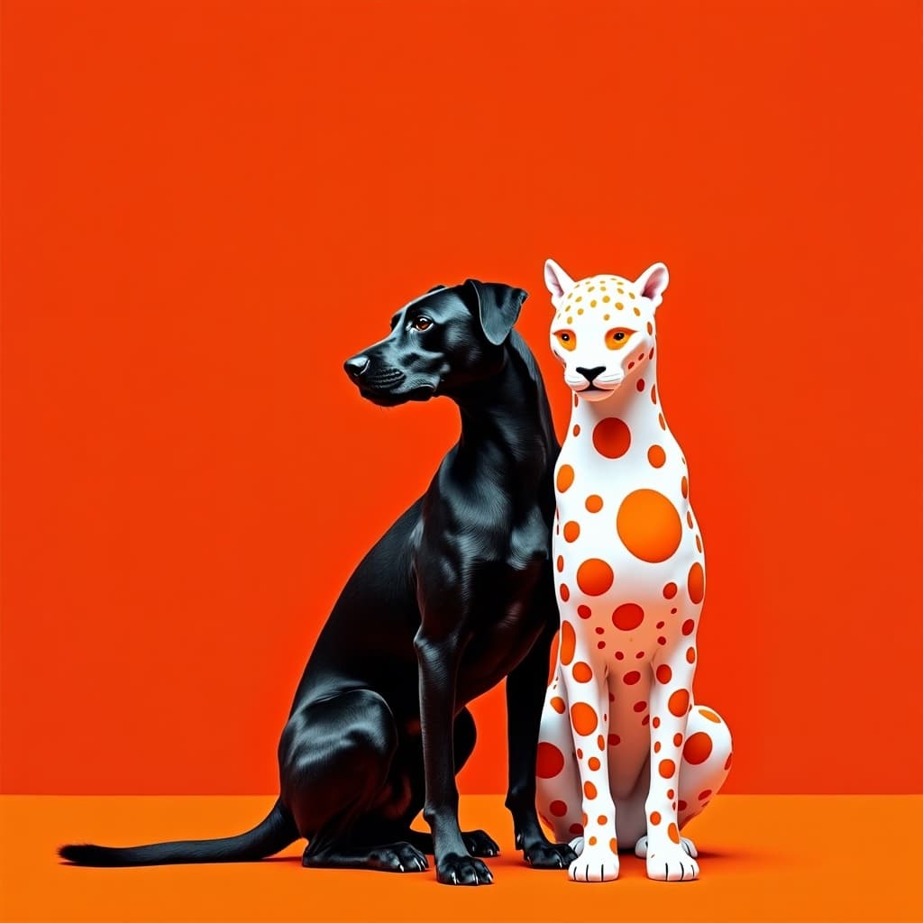 A black dog stands beside a white leopard with orange polka dots on an orange background.