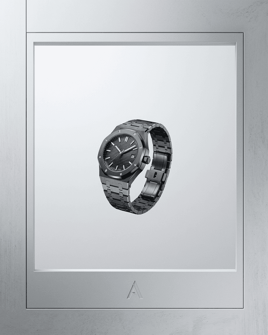 A sleek metallic watch with a textured black dial on a minimalistic background.
