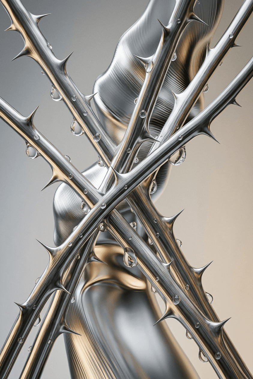 3D render of metallic thorns with water droplets on a blurred background.
