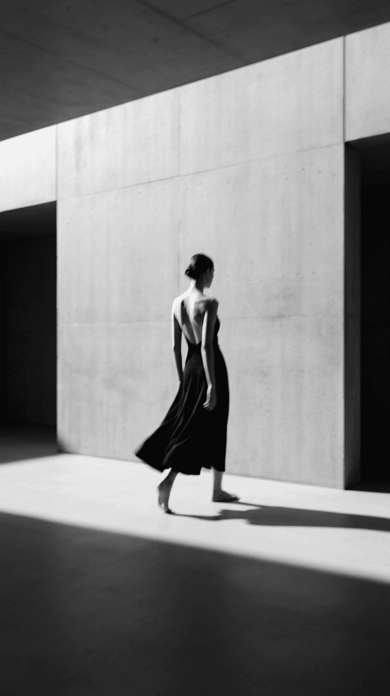 A figure in a black dress walking through a concrete space.