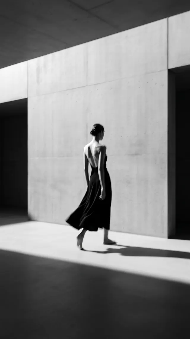 A figure in a black dress walking through a concrete space.