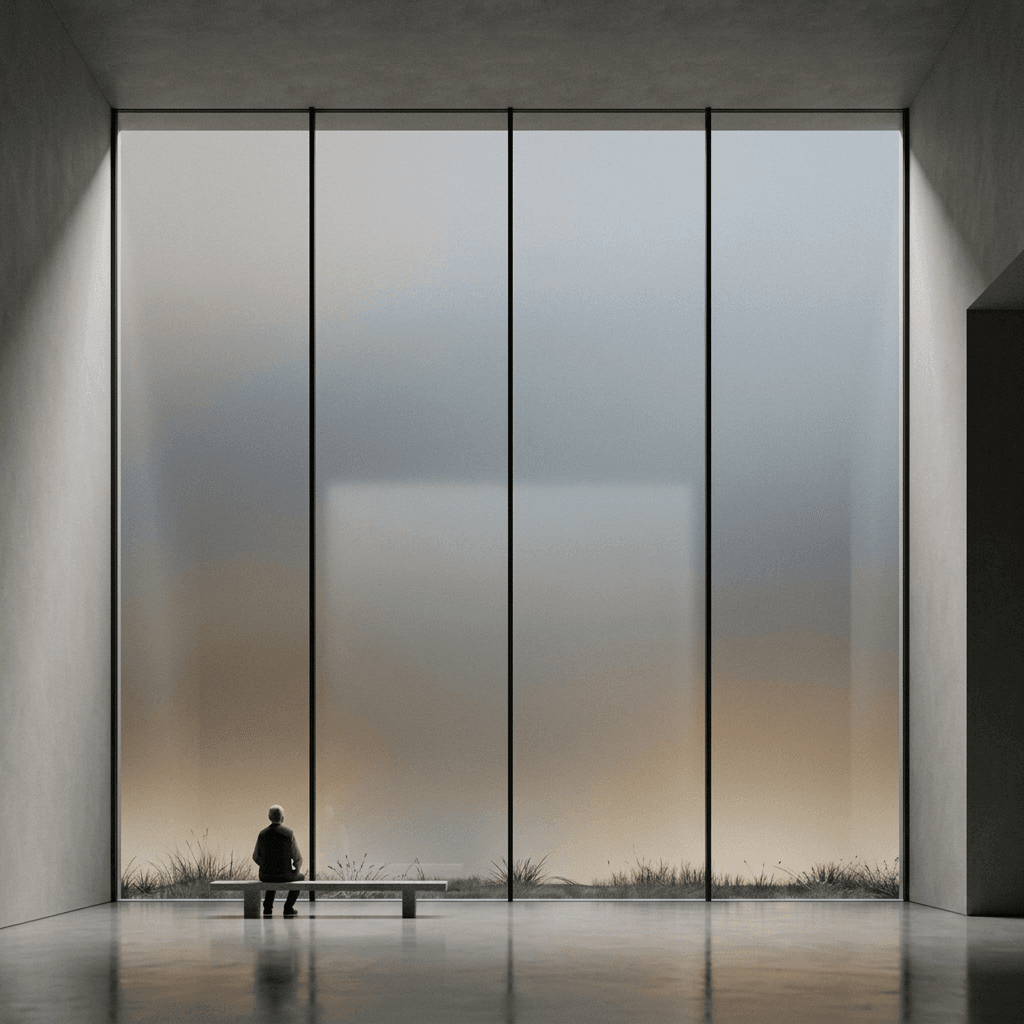 Interior space with a person seated on a bench, facing a large glass wall showing a nature view.