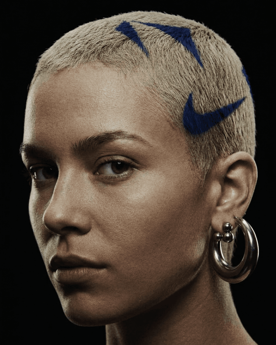 Portrait of a woman with short, bleached hair and blue Nike logos on her scalp.