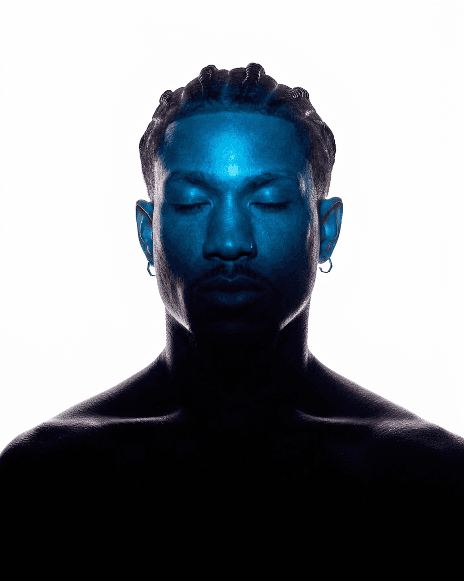 A man with prominent features illuminated by blue light on a white background.