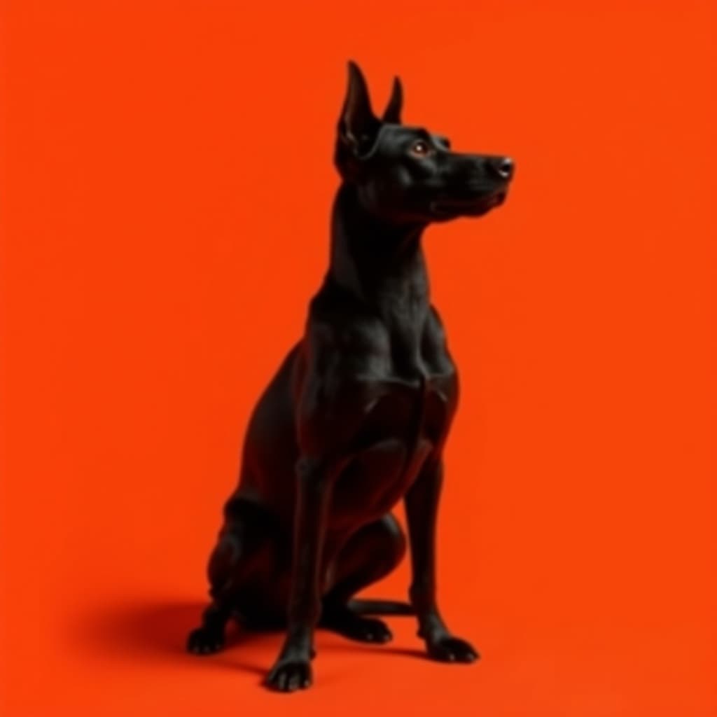 A black dog sitting upright with a glossy coat against an orange backdrop.