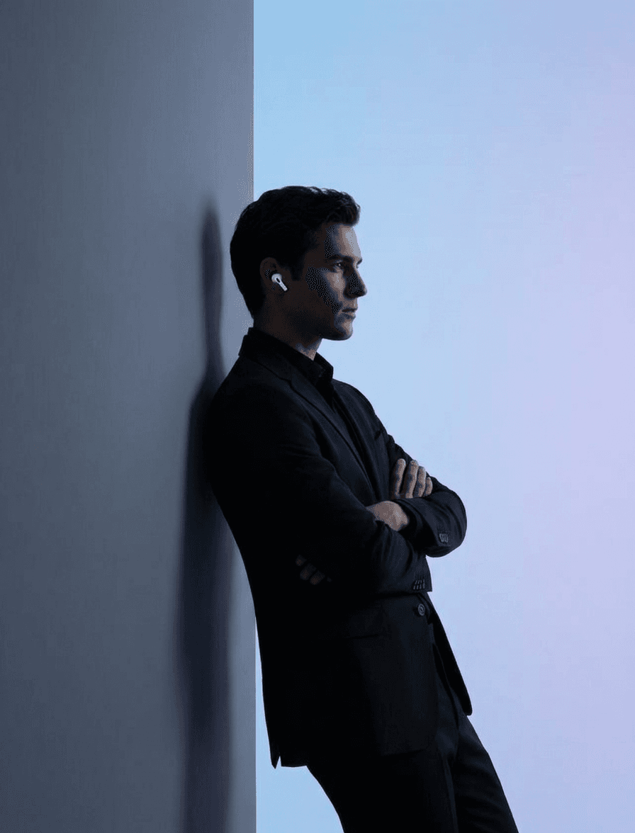 A man in a black suit leans against a wall with blue and gray tones.