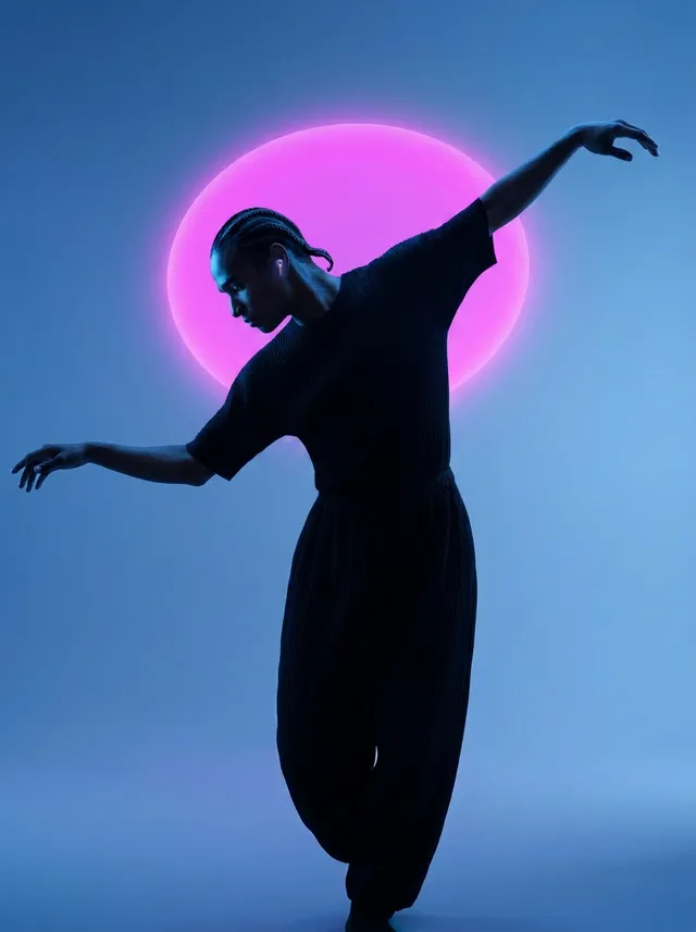 A dancer posed gracefully in front of a pink circular backdrop.