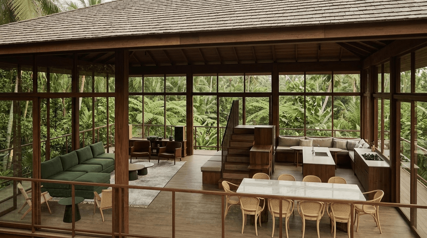 Interior of a modern wooden cabin with glass walls and earthy tones.