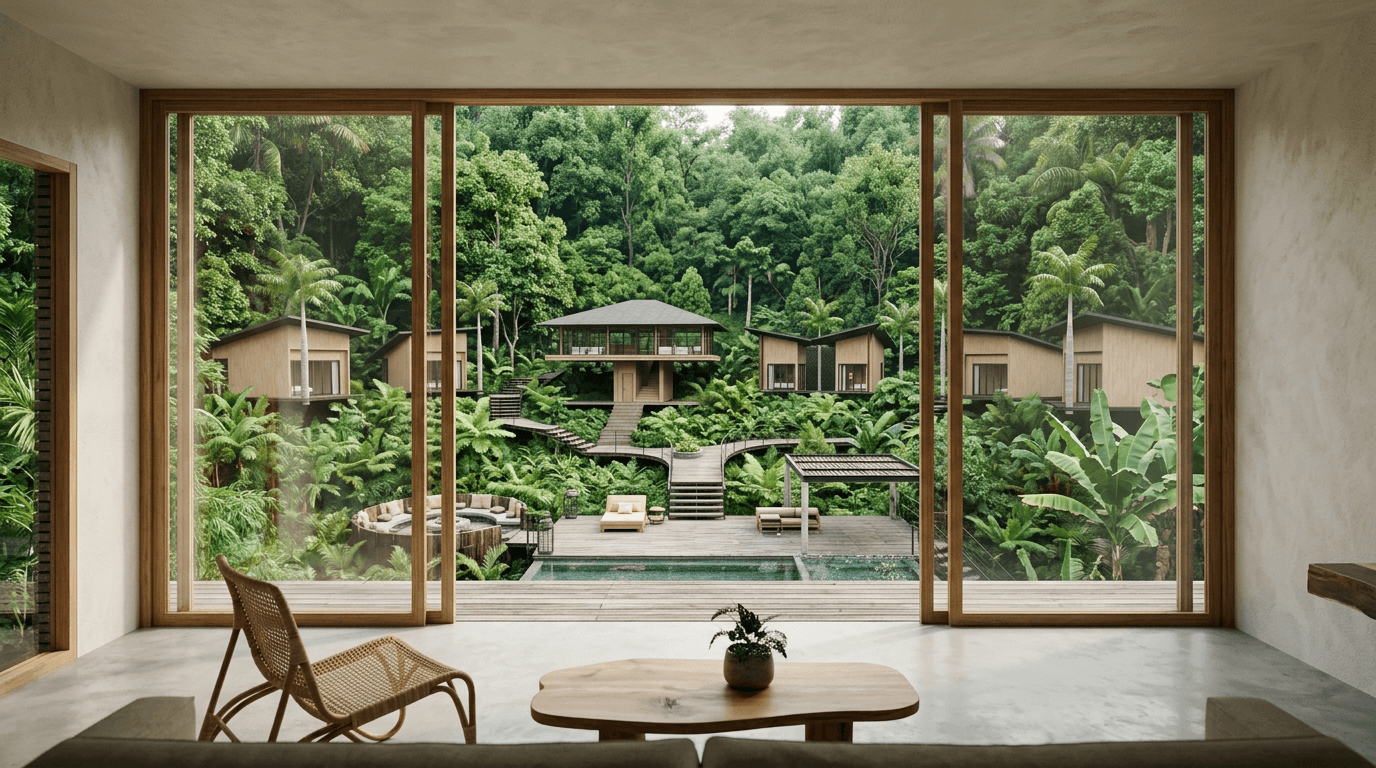 Interior of a modern living space with large windows and tropical foliage outside.