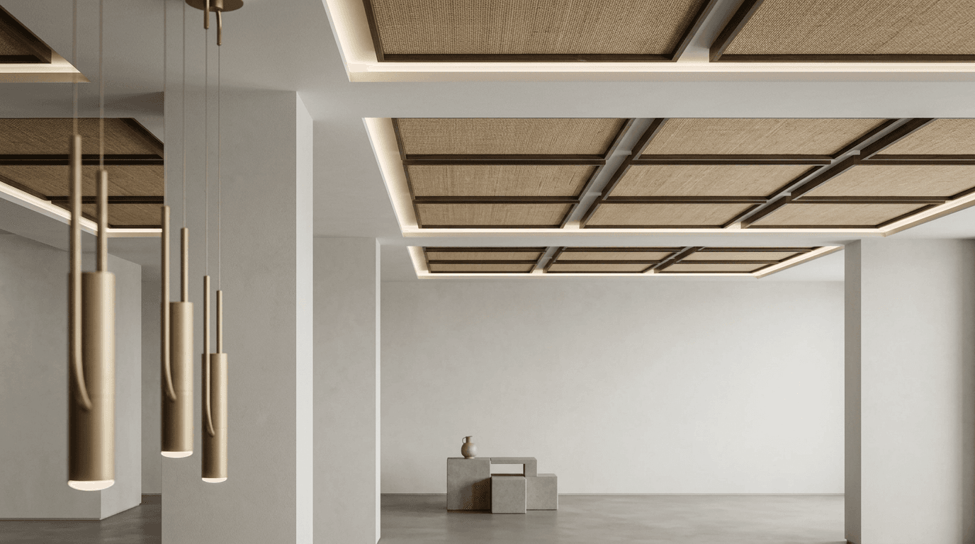 Minimalist interior with wooden ceiling panels and pendant lighting.