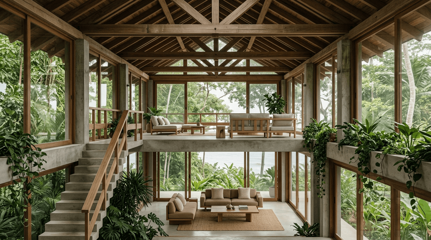 Bright modern interior with open living space and large windows filled with greenery.