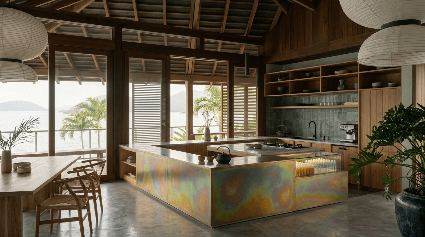 A contemporary kitchen with an iridescent island and large windows showing palm trees and the ocean.